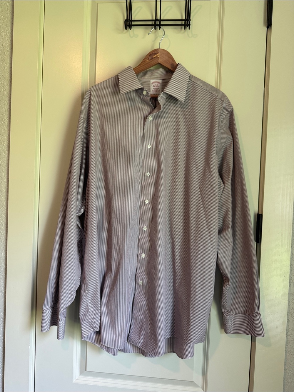 Brooks Brothers Men's White and Maroon Stripe Dress Shirt